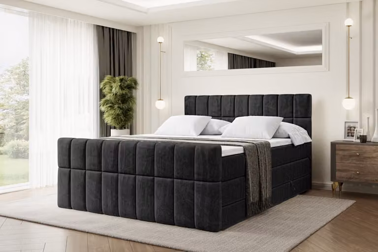 Letto boxspring ALTDECOR con pediera, 2 materassi e topper - 180x200 cm - MIAMI-Z KING - Velluto nero - Letto imbottito con materassi H3 e H4, contenitore e rete a doghe, letto con spazio contenitivo