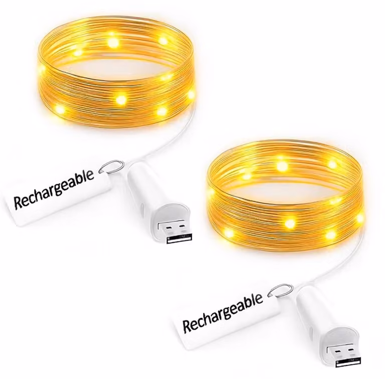 Catena luminosa a LED, confezione da 2, ricaricabile tramite USB, 2 metri, luce bianco caldo