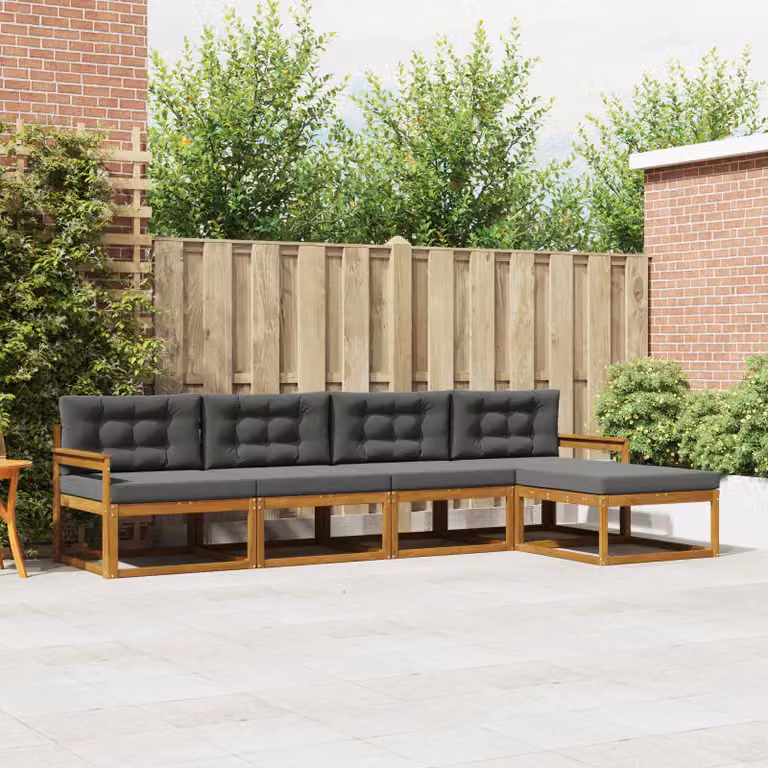 vidaXL Set di divani da esterno a L in legno di acacia con pouf, colore marrone e antracite
