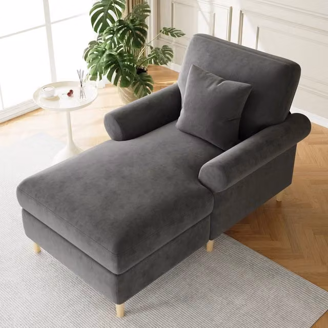 Poltrona relax in velluto 133 x 87 x 90 cm con chaise longue e cuscino; grigio