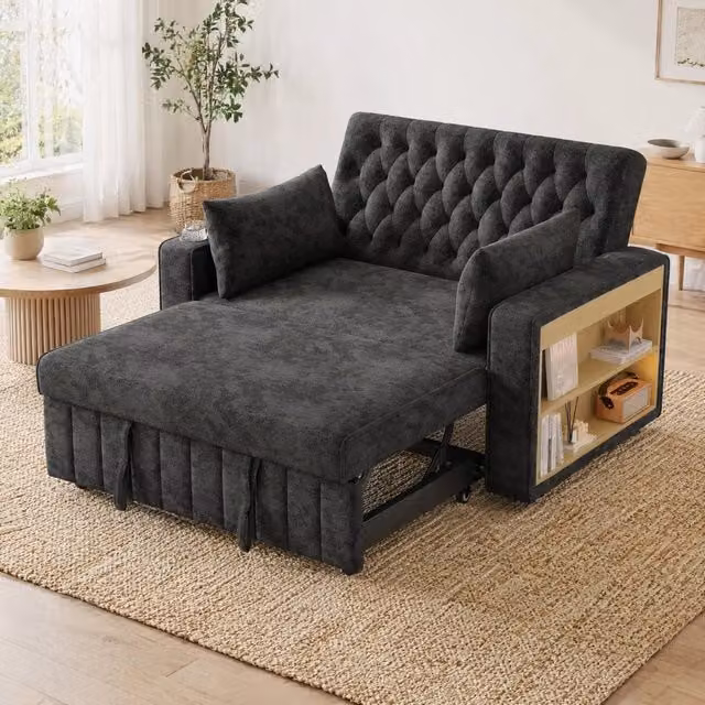 Divano letto 140x137 cm grigio in ciniglia; schienale reclinabile e USB