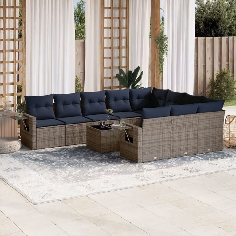 Set Divani da Giardino vidaXL 11 pz in Polyrattan Grigio con Cuscini e Tavolino da Caffè