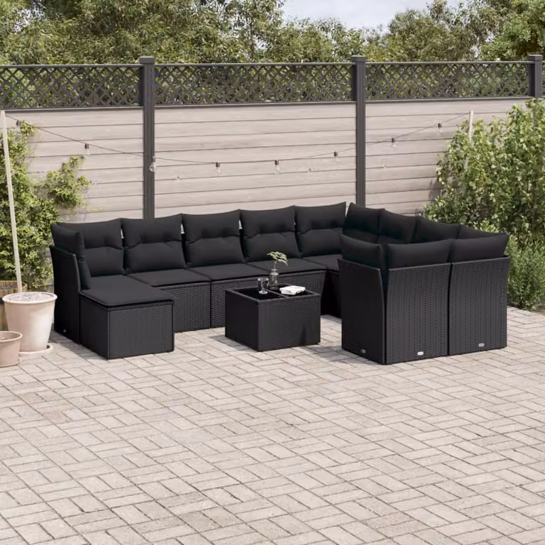 vidaXL Set Divani da Giardino 11 pz in Polyrattan Nero con Cuscini e Tavolino