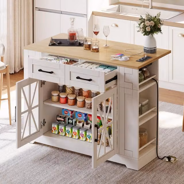 Isola cucina con tavolo pieghevole, MDF bianco e naturale, 120 cm con prese USB e ruote