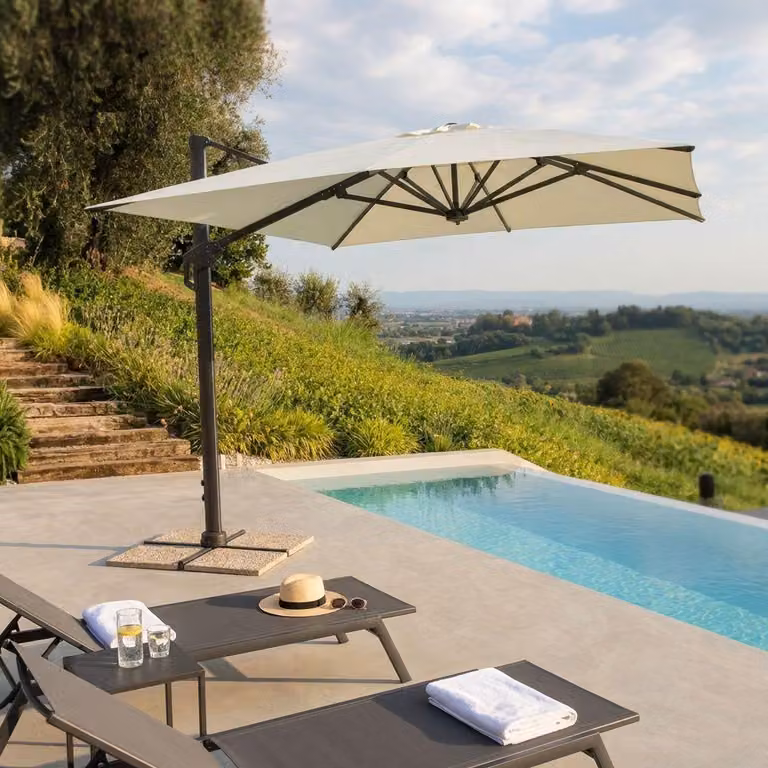 Milani Home - ombrellone da giardino 4 x 4 m con palo laterale decentrato in alluminio, telo beige in nylon, per terrazzo e piscina