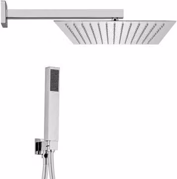 Kit doccia quadrato in ottone cromato con soffione in acciaio inox 25x25 cm, braccio da 40 cm e doccino manuale in PVC