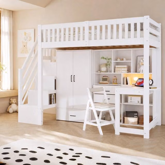 Letto a soppalco 90x200 cm con scrivania, armadio e cassetti bianco HAVRYA