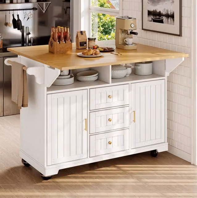 Isola cucina 120x40 cm; piano ribaltabile; ampio spazio contenitivo; MDF e metallo; bianco