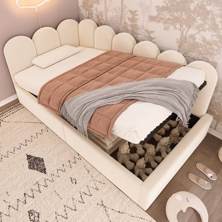 MODFU Divano letto imbottito Daybett 90x200 cm, divano letto con vano contenitore idraulico, letto per ragazzi con rete a doghe in metallo, velluto, con materasso, beige