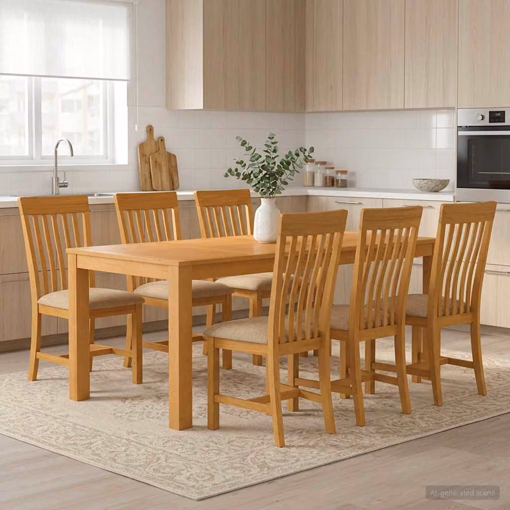 Set da pranzo vidaXL in legno di quercia beige composto da 7 pezzi con tavolo rettangolare L: 200 cm, P: 100 cm, H: 75 cm