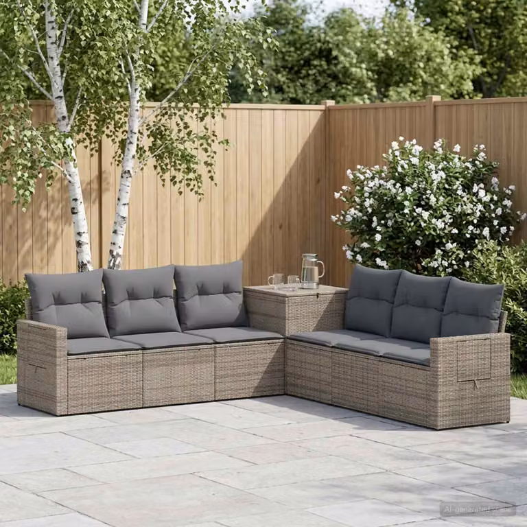 Set di divani da giardino vidaXL in polyrattan 7 pezzi, design moderno a L con cuscini inclusi, colori grigio e antracite