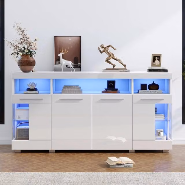 Sideboard moderno bianco lucido con luce a LED e vetro temperato L/P/H: 140 x 40 x 70 cm