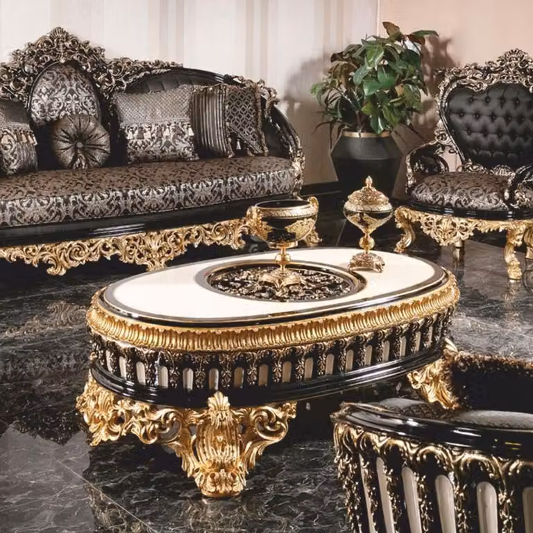 Tavolino da salotto in stile barocco "Casa Padrino", lusso, nero/bianco/oro, 145 cm - Tavolino ovale in stile barocco - Arredamento da soggiorno in stile barocco