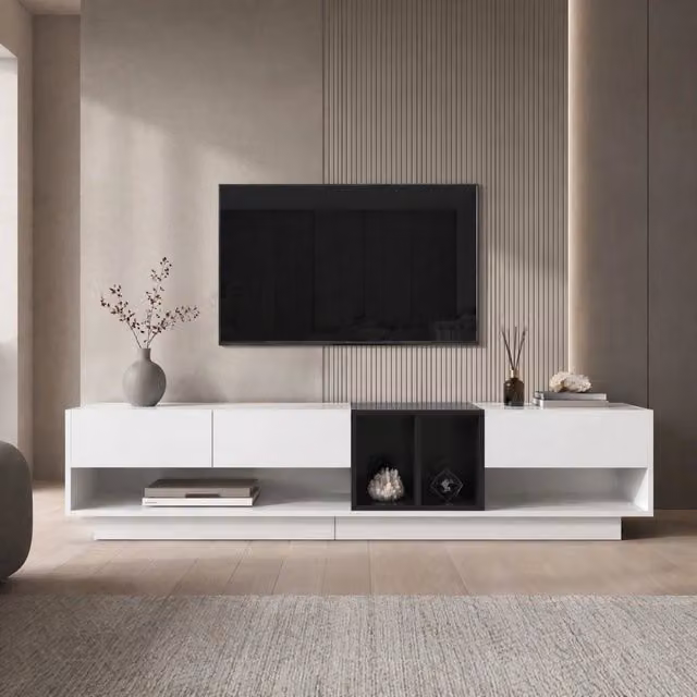 Mobile TV Mivray per soggiorno moderno in MDF bianco e nero lucido L: 190 cm, P: 40 cm, H: 42 cm – 1