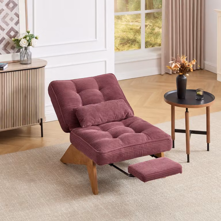 LVHOM Poltrona relax con funzione reclinabile, poltrona lounge con schienale regolabile, poltrona da terra in tessuto a coste e legno massiccio, per salotto, ufficio, rosso