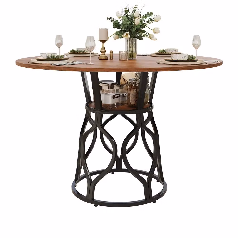 Tavolo da pranzo rotondo Minimal effetto noce e metallo nero per 4-6 persone L: 100 cm, P: 100 cm, H: 75 cm – 2