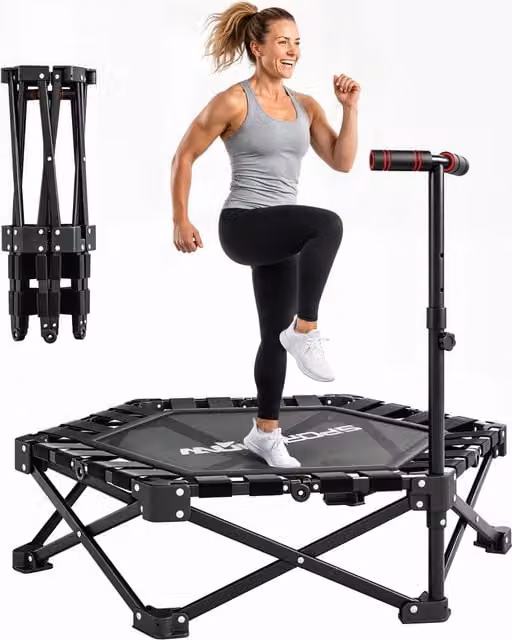 Trampolino elastico fitness pieghevole con maniglia a T regolabile, in acciaio e plastica, portata 120 kg, con borsa, nero