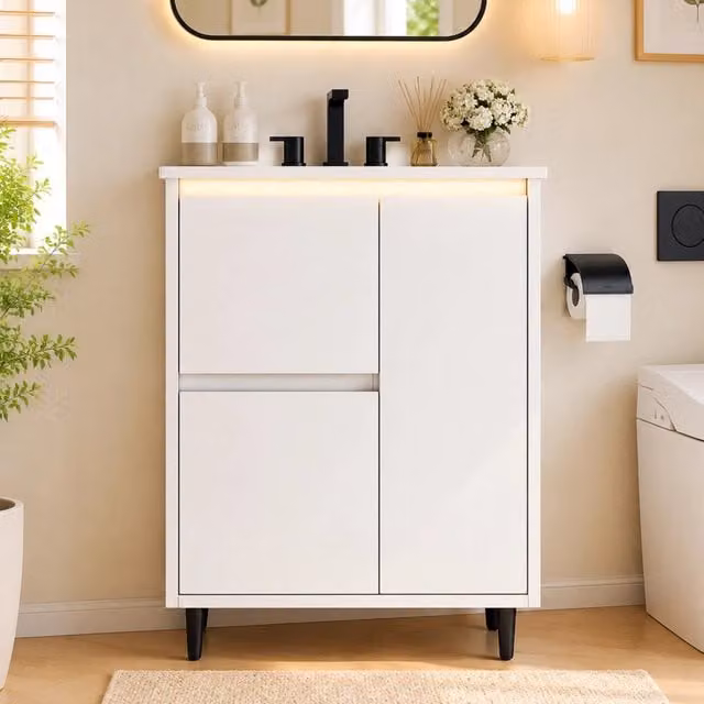 Mobile lavabo da bagno 61x46,5x87 cm bianco, laccato completo con lavandino in ceramica integrato, 2 cassetti con cerniere soft-close, design piedi alti