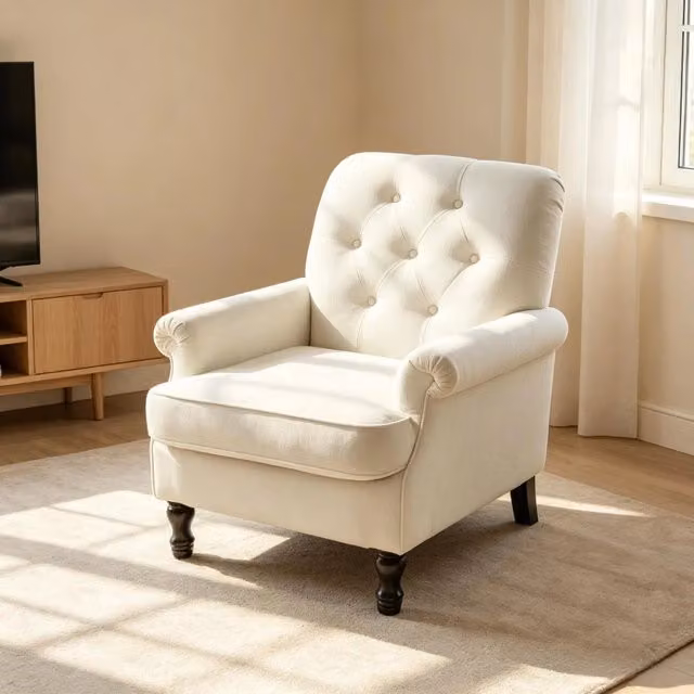 Poltrona lounge WISHDOR in lino beige e bianco con seduta imbottita a molle insacchettate e gambe in legno in stile mid-century
