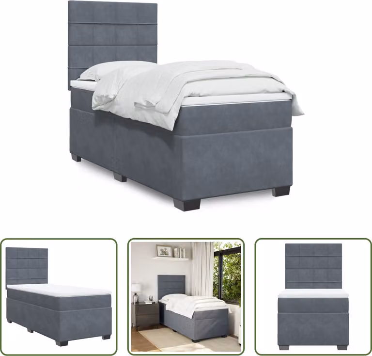 The Living Store Letto a molle con materasso grigio scuro 90x190 cm in velluto