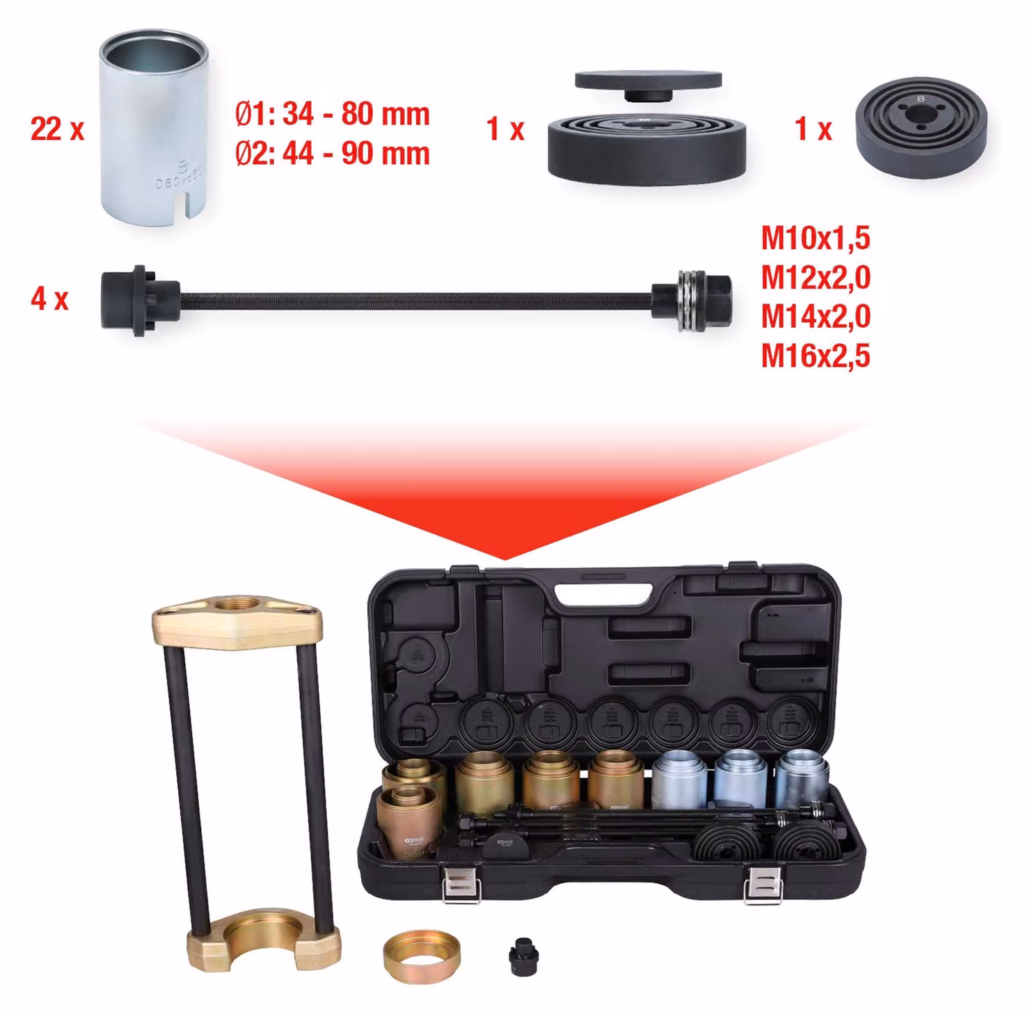 KS TOOLS Set di utensili di pressatura universali per parti di assali 38 pezzi - 440.9997