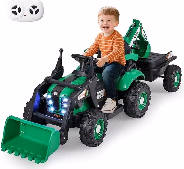 4 in 1 Trattore Elettrico per Bambini, Trattore Cavalcabile per Bambini 3-8 Anni con Telecomando Rimorchio e Cucchiaia Staccabile, Velocità Regolabile, Doppi Motori (Verde)