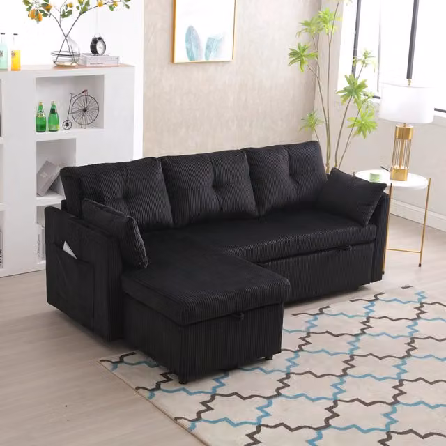 Divano letto modulare 206x108x66 cm con contenitore e chaise longue reversibile in velluto a coste nero