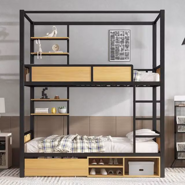 Letto a castello Mivray in metallo e MDF nero con scala, ripiani laterali e cassetti, L/P/H: 204 x 90 x 167 cm