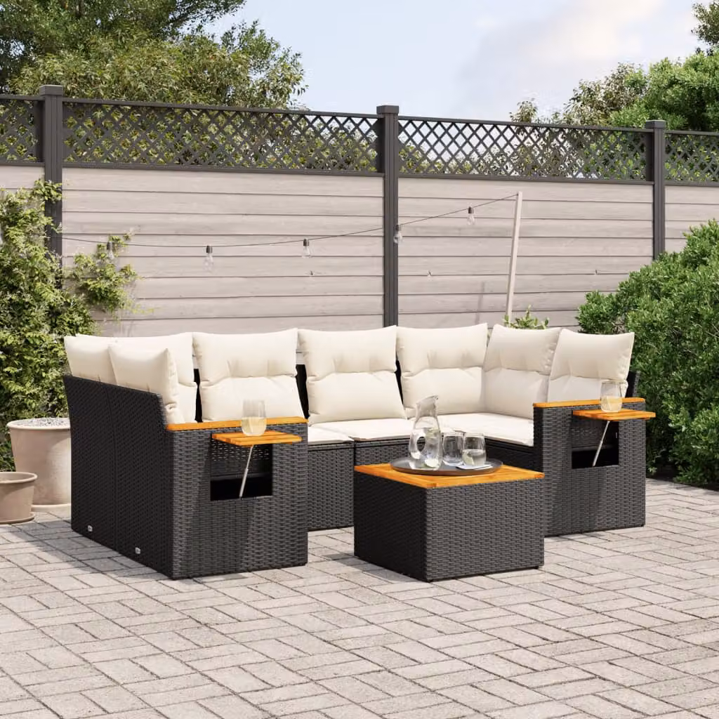 Set Divani da Giardino a L vidaXL in Polyrattan Nero con Cuscini e Tavolino da Esterno – 1