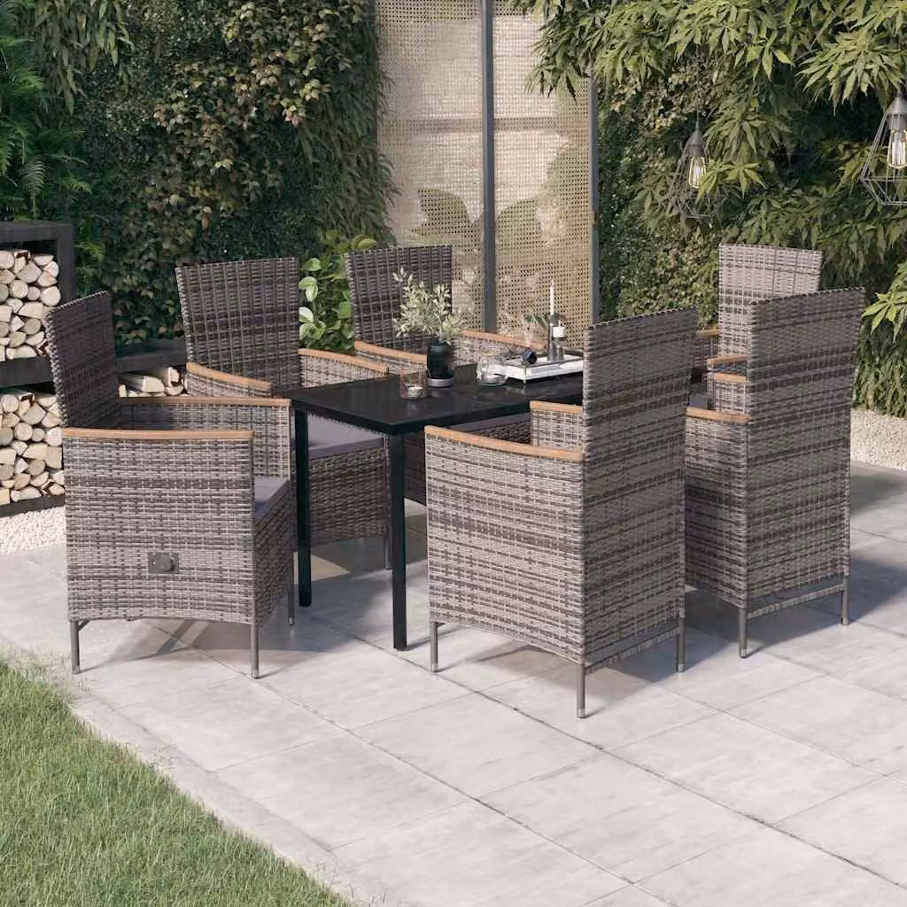 Set da pranzo da giardino vidaXL in polyrattan con tavolo in vetro e acacia, 7 pezzi, Grigio e Nero