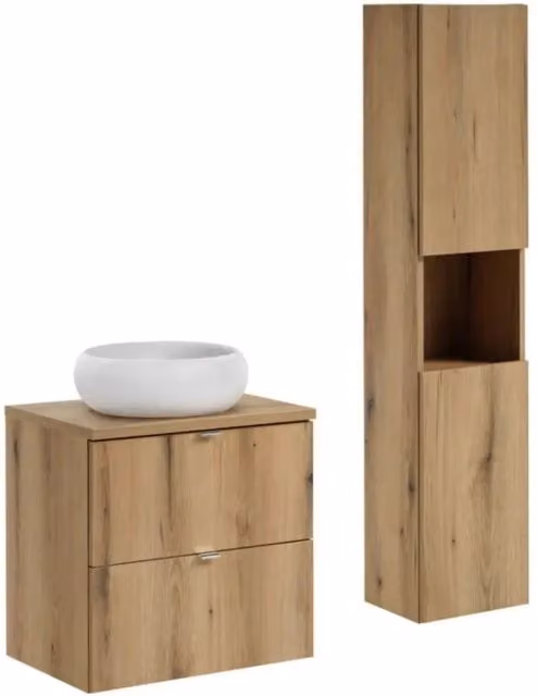 Set VANO finitura quercia 90cm: mobile sottolavabo con cassetti + piano per lavabo + lavabo da appoggio rotondo bianco + colonna
