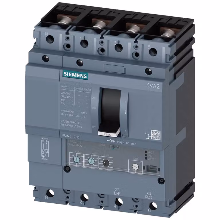 Interruttore di potenza Siemens 3VA2, telaio IEC 250, classe di capacità di interruzione M, Icu=55 kA a 415 V, 3VA22255HL420AA0