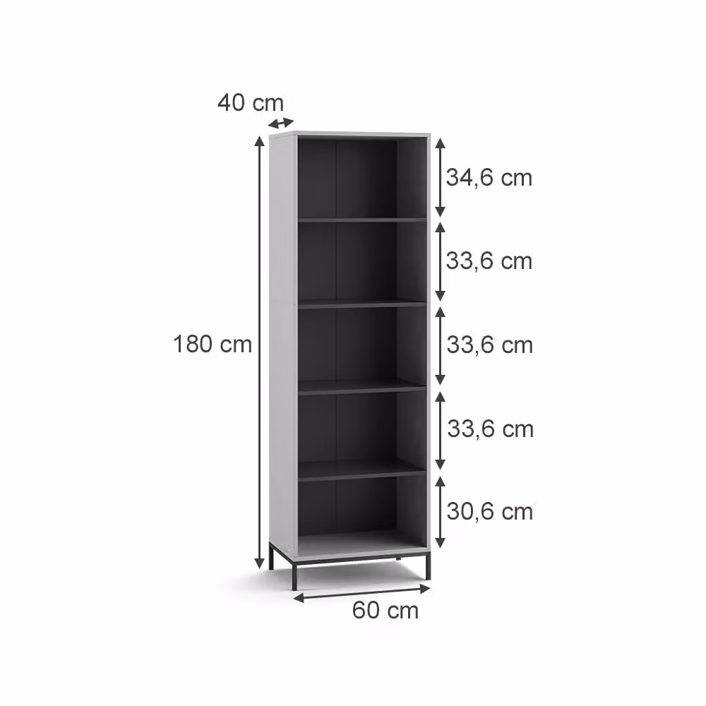 Libreria Eliza Vicco Grigio con 5 scomparti L: 60 cm, H: 180 cm, P: 40 cm – 2