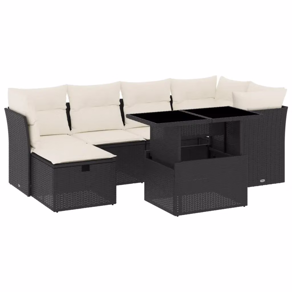 Set Divani da Giardino vidaXL a Forma a L con Cuscini e Tavolino, 7 Pezzi, Nero e Bianco – 2