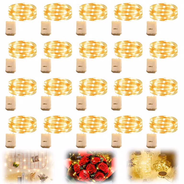 Confezione da 20 luci a LED alimentate a batteria, lunghezza 2 metri, 20 LED, luce bianco caldo