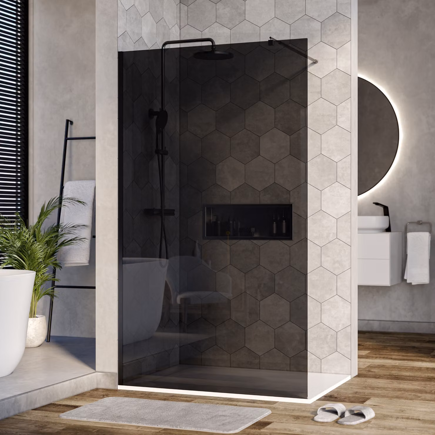 Cabina doccia Walk-In Nano EX101 - Vetro grigio - 8 mm - Profilo a parete nero - Larghezza selezionabile, Larghezza Walk-In:1200mm