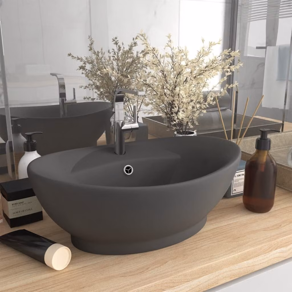 The Living Store Lavabo con troppopieno grigio scuro opaco 58,5x39 cm in Vetroceramica