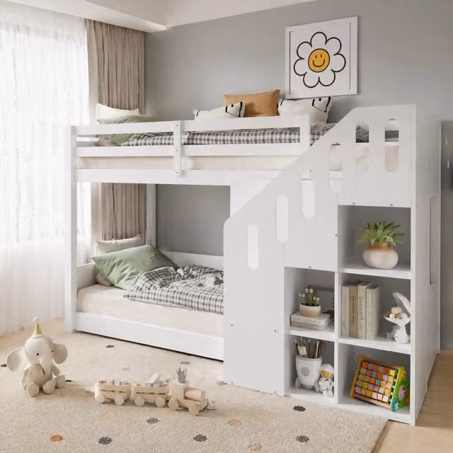 Letto a castello per bambini in legno massello 90x200 cm con scala contenitore e ringhiera di sicurezza, colore bianco, senza materasso