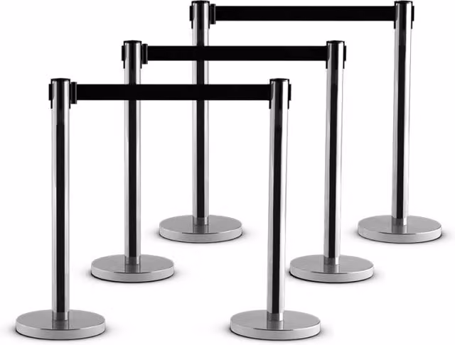 Set di 6 paletti di delimitazione per controllo folla con nastro retrattile e barriera in acciaio inox, colore nero e argento