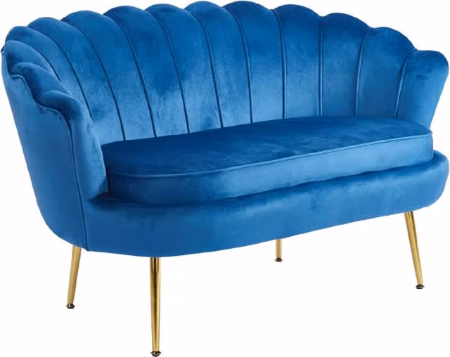Divano Due 2 Posti In Velluto Forma Conchiglia Gambe In Metallo 133x63x75 Cm Camera Soggiorno Ufficio Blu