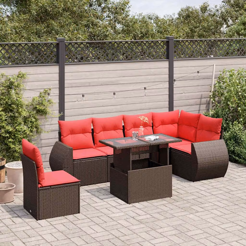 Set di divani da giardino vidaXL 7 pezzi in polyrattan marrone con cuscini e tavolino da esterno a forma di L
