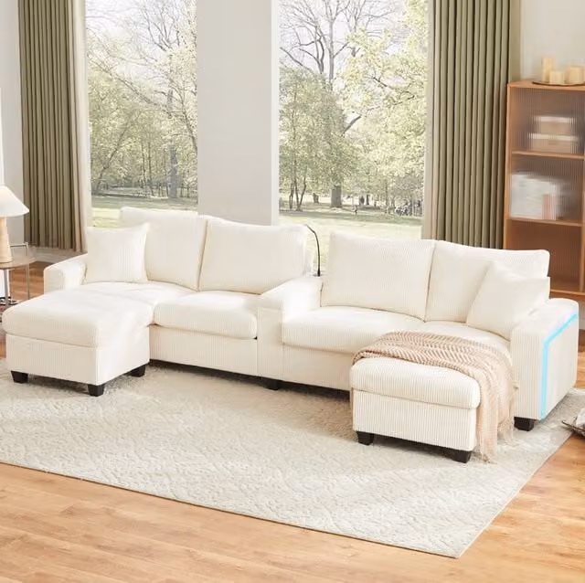 Divano a U in velluto a coste beige con 2 pouf; LED; USB e Type-C; 334x128;5x81 cm