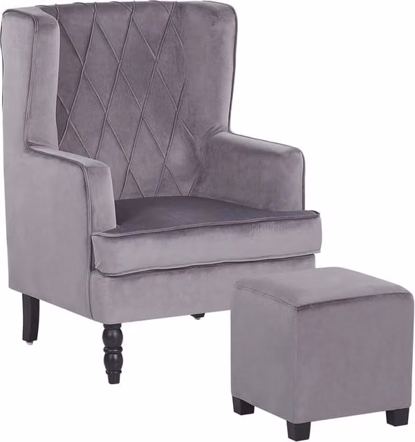 Poltrona con poggiapiedi BELIANI in velluto grigio con gambe in legno e stile Wingback L/P/H: 101 x 72 x 62 cm