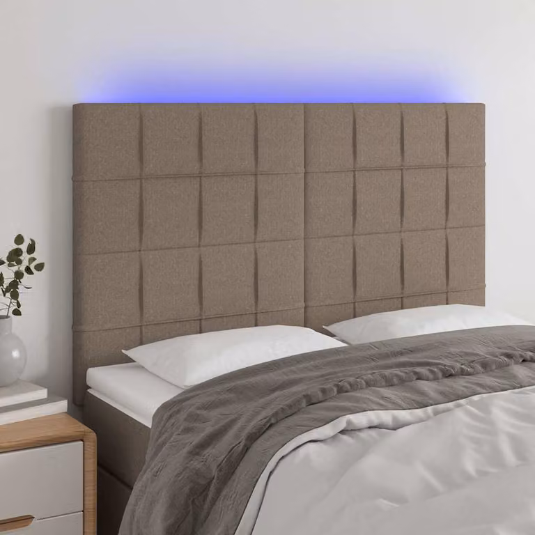 Testiera per letto vidaXL in tessuto con illuminazione LED e porta USB, colore tortora/beige, L: 144 cm, P: 5 cm, H: 118-128 cm