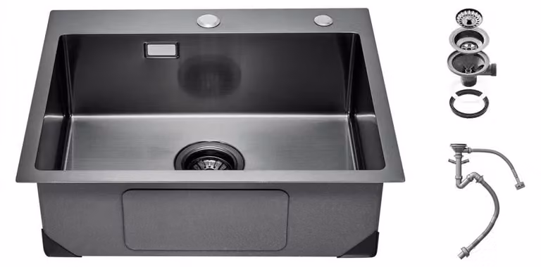 Lavello da cucina da incasso - 68 x 45 x 19 cm - Acciaio inossidabile - Nero - Vasca singola - Adatto per cucina e bar