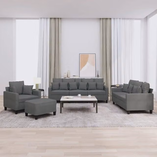 Set di divani moderno vidaXL composto da un divano a 3 posti, un divano a 2 posti e un pouf, rivestito in tessuto grigio con cuscini inclusi