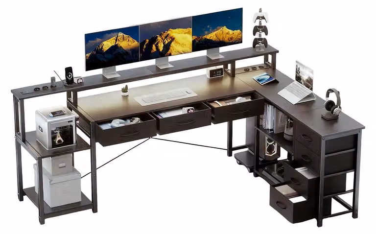 ZELURXX Scrivania per computer a L con cassetti e supporto per monitor, prese di corrente e USB, scrivania da gioco a LED, scrivania per ufficio e casa, nera