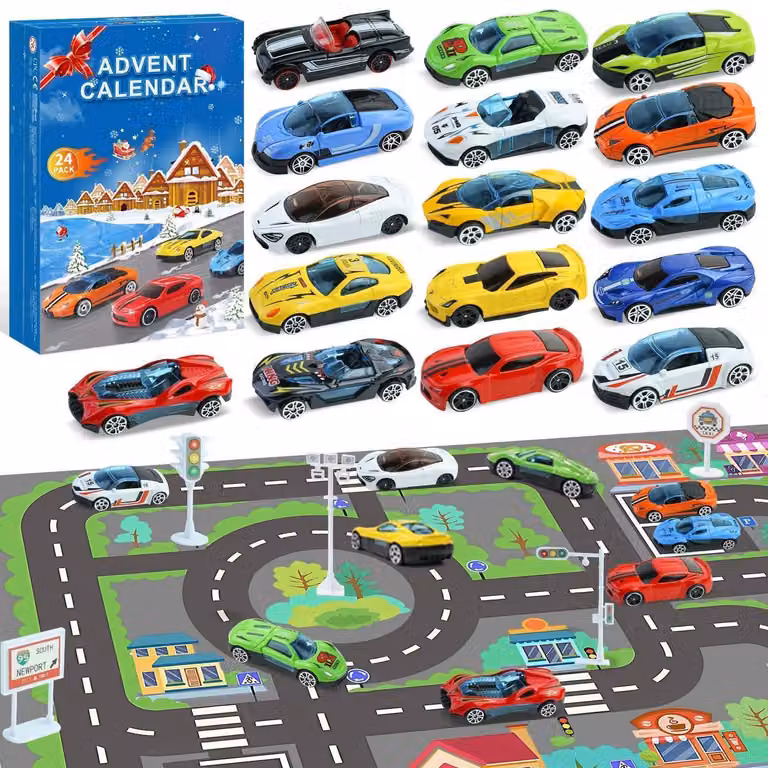 Calendario dell'Avvento per bambini, 16 mini auto da corsa sportive con accessori