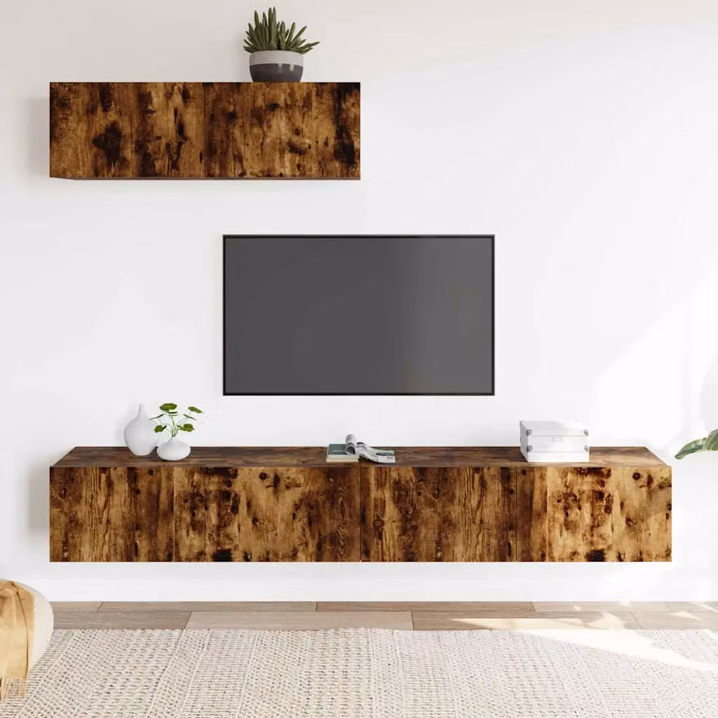 Set Mobili Porta TV 3 Pezzi vidaXL in Legno Multistrato Colore Rovere Fumo