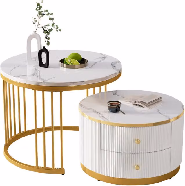 Set di 2 tavolini da salotto rotondi REDOM bianchi con finitura lucida in MDF, L/P/H: 60 x 60 x 45,5 cm e 50 x 50 x 32 cm